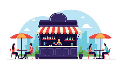 Naklejka premium Customers sit at outdoor tables under red umbrellas while a barista serves coffee at a modern sidewalk cafe in a bustling urban city center.