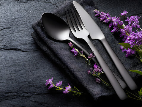 Elegant table setting with silverware and purple flowers on black napkin