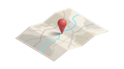 Obraz premium 3d map location pin on folded paper map with river and roads isolated on transparent background