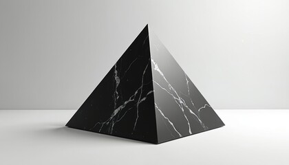 Fototapeta premium Black marble pyramid with white veins hovers over a white surface. Simple geometric shape, studio shot, stark contrast, minimalist background, modern abstract form.