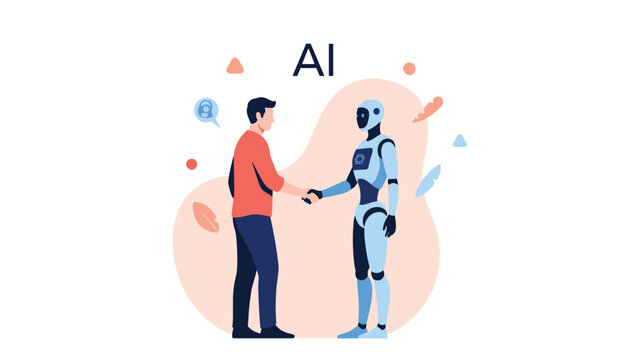 Professional man shakes hands with a sophisticated humanoid robot under the text AI representing human and artificial intelligence partnership.