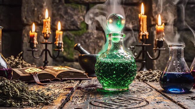 Glowing green potion in an ornate glass bottle surrounded by candles and ancient ingredients