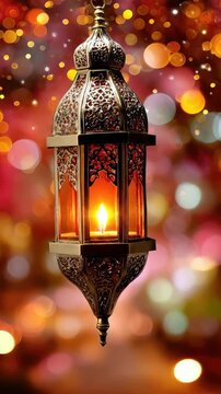 Glowing Islamic lantern, a symbol of spiritual warmth and celebration, illuminating the night during sacred Muslim holidays like Ramadan and Eid al-Fitr, a beautiful cultural tradition