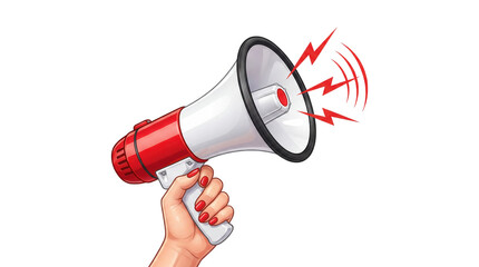 Naklejka premium Hand holding a red and white megaphone making a loud announcement with red sound waves isolated on transparent background
