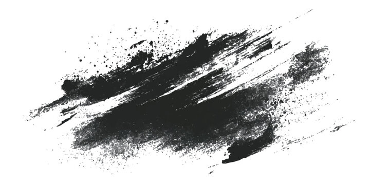 Dynamic black ink splash and splatter abstract art on white background
