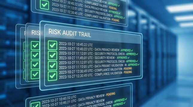 A risk audit trail displayed on a computer screen in a server room for the concept of cybersecurity and data protection.