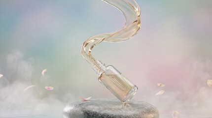 Surreal beauty physics of a tilted bottle of facial serum flowing upward like a ribbon on a smooth stone
