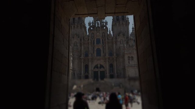 Establishing Wide Shot of Obradoiro Square and Cathedral Arches