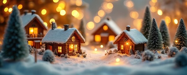 Obraz premium Tiny snow covered wooden cabins glow with warm lights on a winter night. Miniature pine trees dot the snowy landscape. Festive bokeh lights create a magical holiday atmosphere.