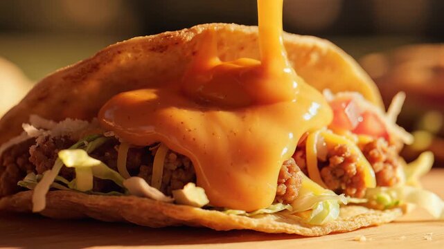 Delicious melted cheese sauce pouring over a crispy ground beef taco