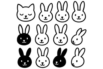 Fototapeta premium set of funny cartoon rabbits, Cute Animal Face Illustrations – Rabbits & One Cat