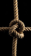 Close-up view of a robust utility knot fashioned from thick brown natural fiber rope, demonstrating secure binding and tensile strength ,essential ,binding ,ship