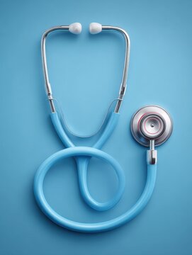 A stethoscope with a blue cord rests on a solid blue background.