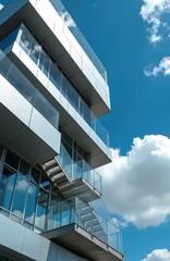 Modern building with geometric metal and glass facade. Balconies with glass railings extend outward. A metal staircase connects levels against blue sky.