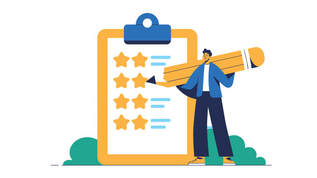 A cartoon man holding a giant pencil rating a product with five stars on a clipboard