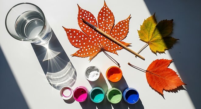 Flatley of autumn leaf painting session with paintbrush water and rainbow colors on white surface.