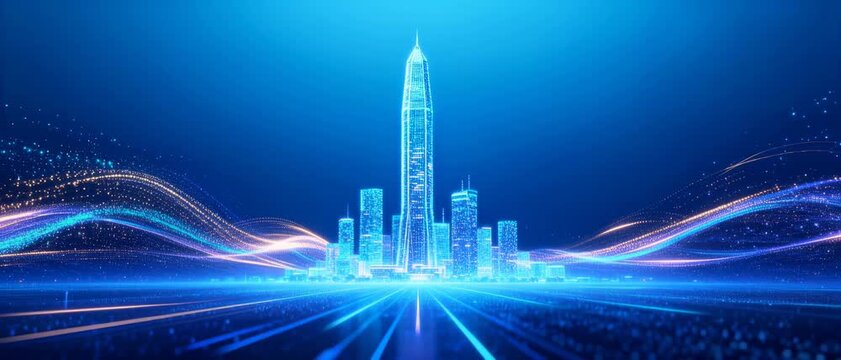 This is a city scene full of technological sense. The main body is a tall modern building, surrounded by other high-rise buildings. Blue light rays and dynamic light strips are full of the picture, cr