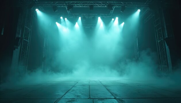 Empty concert stage with blue light beams and atmospheric fog. Stage equipment and speakers are visible on metal truss structure. Floor is wet and tiled.