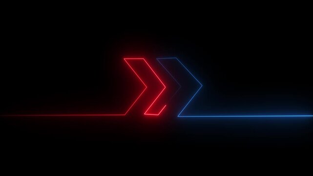 Glowing neon line right arrow icon animation, 2 arrow animated, two color neon 4K Video motion graphic animation.