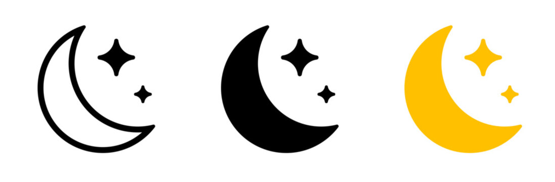 Half moon icon set. Crescent, moon with stars, night sky symbol on white background - stock vector.