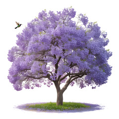 Fototapeta premium Purple jacaranda tree with hummingbird on transparent background isolated blooming spring tree with violet flowers and green grass for landscape architecture and garden park design