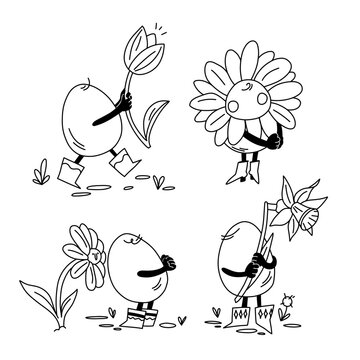 A set of eggs in flower boots, the egg is dressed as a flower, carries a tulip and a daffodil as a gift, and smells a chamomile. Whimsical Egg Characters Enjoying Spring Flowers