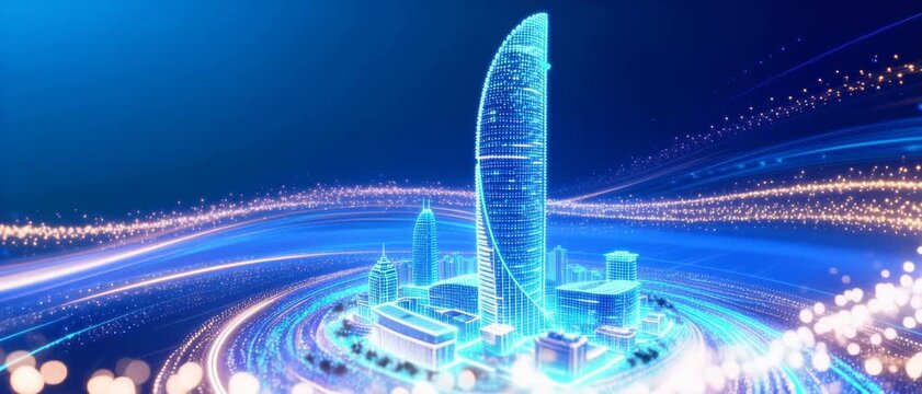 Futuristic Digital Cityscape With Glowing Skyscrapers And Dynamic Light Trails Against A Deep Blue Background