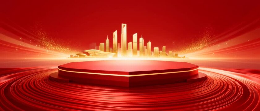 Dynamic Red Themed Cityscape Podium with Golden Skyscrapers and Radiant Light Effects for Celebratory Events or Presentations
