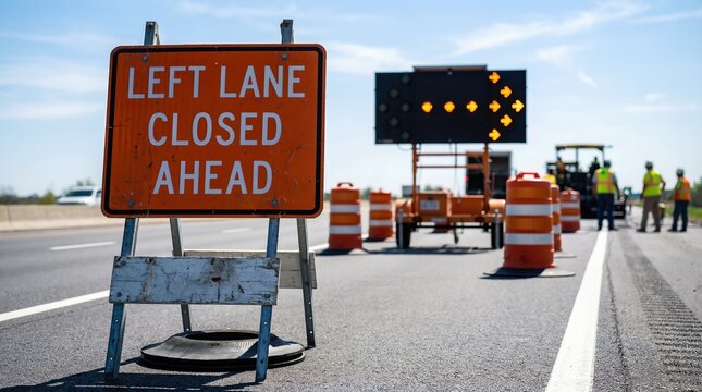 Road sign indicating left lane closed ahead, with construction equipment and workers in the background, emphasizing traffic management and safety measures on highways