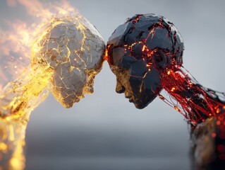 Two human-like individuals are positioned closely together, with luminous red and yellow energy radiating from their heads.