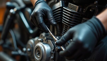Obraz premium Mechanic in black gloves tightens bolt on motorcycle engine with socket wrench. Person works on vehicle mechanics in garage. Close up on hands and tool.