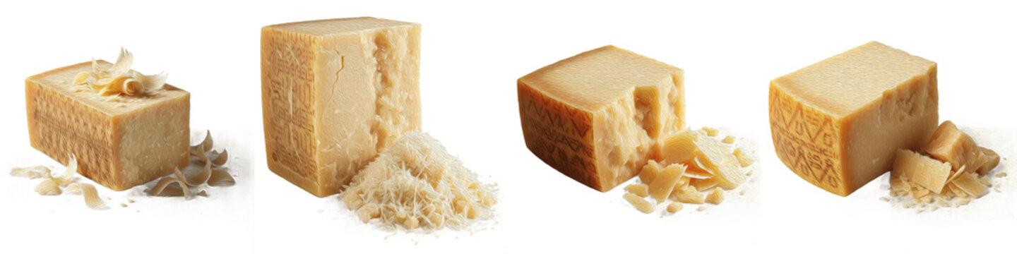 Set of premium parmesan cheese blocks and grated flakes, realistic hard cheese collection isolated on white background