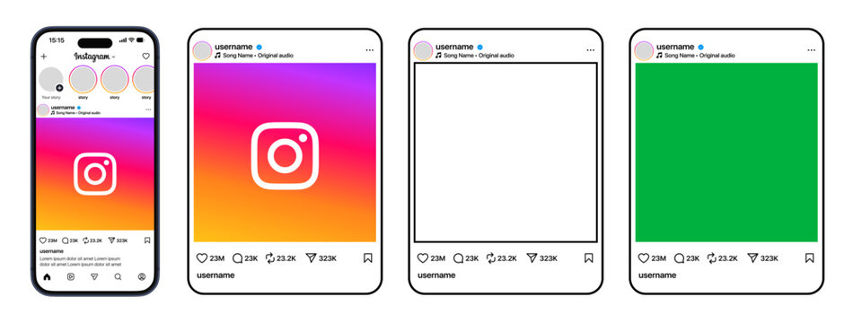 Instagram post, story, reels, and carousel post interface on iPhone 17 Pro Max in transparent PNG with outline stroke and green screen for editable, interactive, creative social media layouts