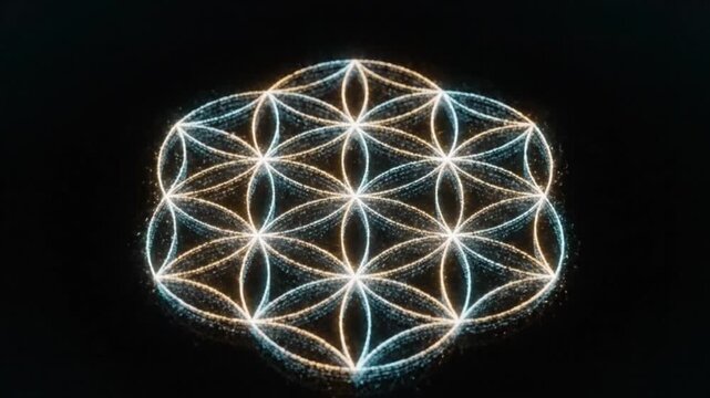 A glowing geometric pattern of overlapping circles made of blue and gold particles on a dark reflective background
