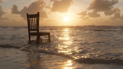 Fototapeta premium Wooden chair partially submerged in ocean water at sunset, with golden reflections on the surface and clouds in the sky creating a serene coastal scene