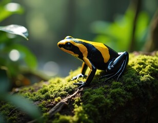 Fototapeta premium Bright yellow banded poison frog sits on mossy log in rich green rainforest. Small amphibian shows vibrant black and yellow skin colors. Wildlife macro shot, jungle habitat detail.