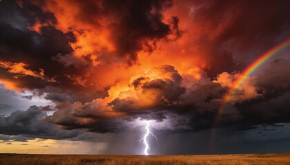 Fototapeta premium Dramatic thunderstorm with lightning and rainbow over field