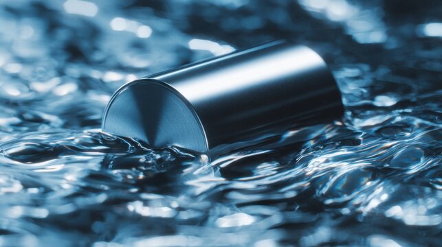 Polished metallic chrome cylinder partially submerged in clear rippling blue water creating reflections and waves macro view symbolizing electroplating shine and surface treatment process.