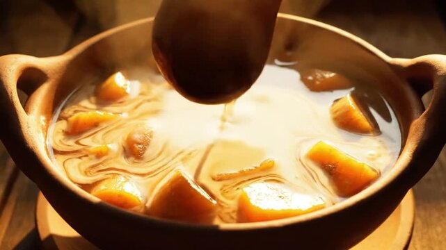 A ladle pours warm syrup into a rustic terracotta bowl filled with steaming chunks of fruit and a creamy liquid