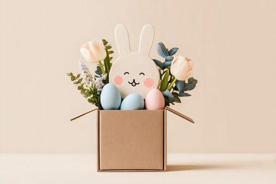 Creative Easter box with bunny figure, eggs, and flowers on plain background for spring decoration ideas