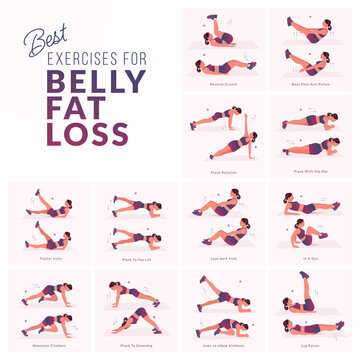 Women Workout Set. Women doing fitness and yoga exercises. Mountain Climbers, Flutter kicks, Plank To Toe Lift, Plank Rotation, Leg Raises, knee to elbow kickback, In and Out, Lean back hold etc