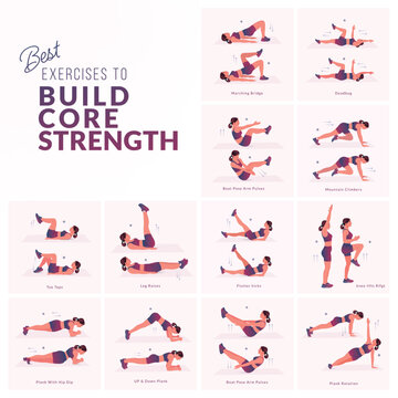 Women Workout Set. Women doing fitness and yoga exercises. Mountain Climbers, Flutter kicks, Plank To Toe Lift, Plank Rotation, Leg Raises, knee to elbow kickback, In and Out, Lean back hold etc