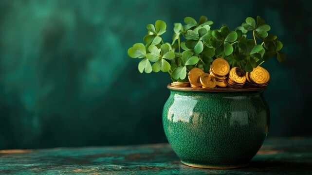 Traditional festive banner for St. Patrick's Day. Full Cauldron with gold coins, clover leaves. Flyer or Poster Template. Copy space. Mock up.