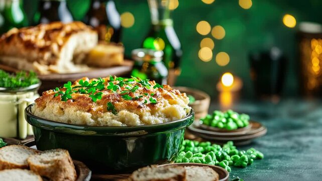 Traditional Irish dishes like shepherd&rsquo;s pie and soda bread arranged on a table decorated with green and gold elements for St. Patrick&rsquo;s Day. 