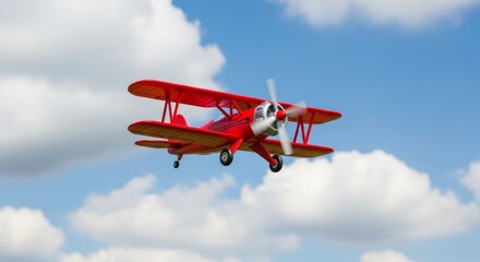 Red Biplane Flying in Blue Sky. Concept featuring biplane, airplane, red, flying, clouds.
