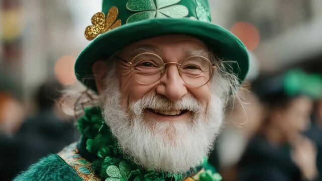Happy Senior man wearing leprechaun costume on the background of the parade on St. Patrick's Day.