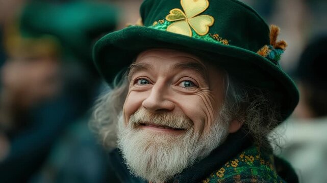 Happy Senior man wearing leprechaun costume on the background of the parade on St. Patrick's Day.