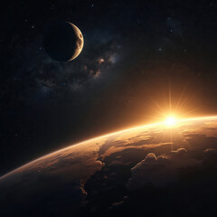 Fototapeta premium Sunrise over planet Earth seen from space with moon and stars visible. Vast dark cosmos with glowing sun flares and nebulae clouds surrounds our home globe.