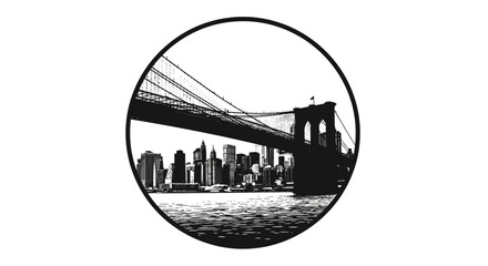 Brooklyn Bridge and New York City Skyline Icon in Black Circle on Isolated White Background