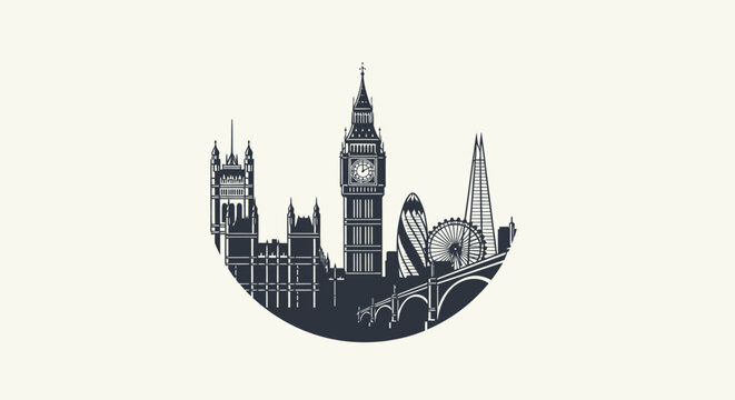 Iconic London City Skyline Silhouette with Big Ben, The Shard, and Millennium Wheel on a bright studio background.